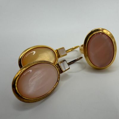 Pink Coral Cabochons Gold Plated Sterling 925 Earrings and Ring Set