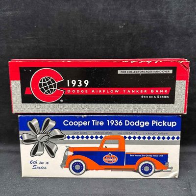 Dodge Copper Tire 1936 and Airflow Tanker 1939 Die Cast Metal Coin Bank