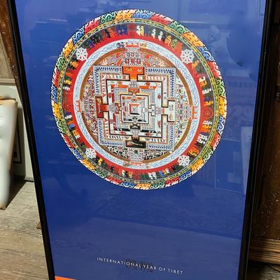 Framed poster for the 1991-1992 International Year of Tibet, with detailed Kalachakra Mandala for World Peace graphic.