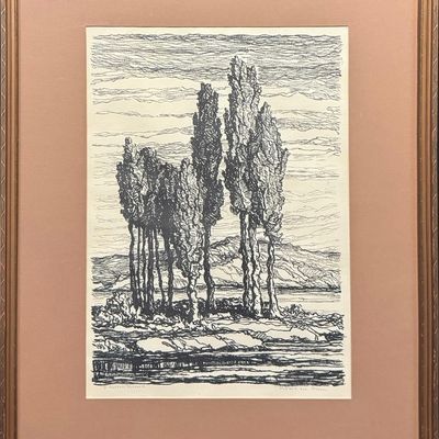 Runbeck, Dolores Gaston (1898-1994) Poplars and Stream, lithograph