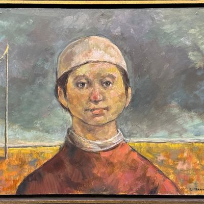 Sale Photo Thumbnail #112: Raymer, Lester (1907-1991) untitled boy with flagpole, 1985 oil on board