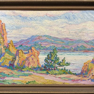 Runbeck, Dolores Gaston (1898-1994) untitled hills and lake, oil on board