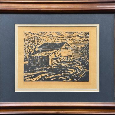 Unknown Sandzen Student, untitled old barn, nail head wood block