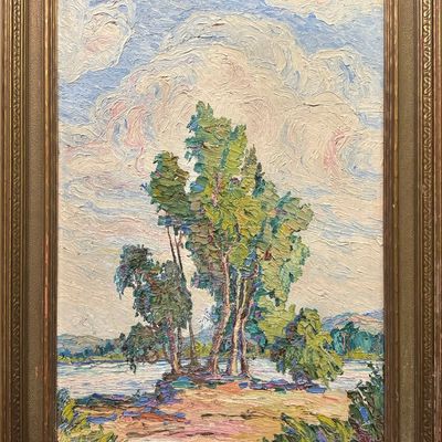 Runbeck, Dolores Gaston (1898-1994) untitled trees and river, oil on board