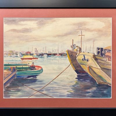 Bradshaw, Anna Mae (1901-2001) study of boats with figures, watercolor