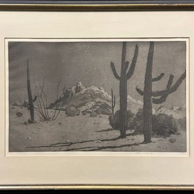 Sale Photo Thumbnail #148: Hall, Arthur W (1889-1981) Night in the Apche Desert, 1940 dry point aquatint