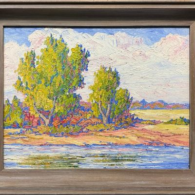 Runbeck, Dolores Gaston (1898-1994) untitled trees and lake, oil on board