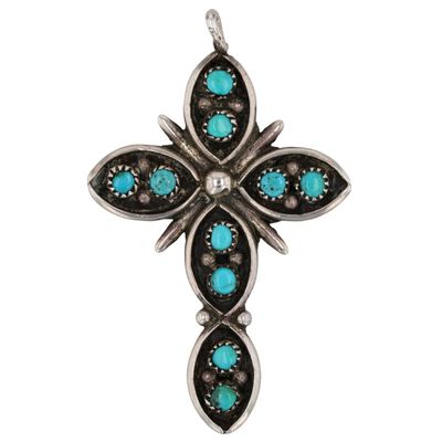 Vintage Signed Zuni Sterling Turquoise Snake Eye Cross Pendant