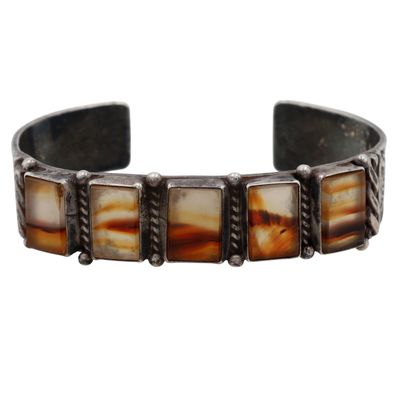 Vintage Navajo Sterling Agate Stamped Cuff Bracelet