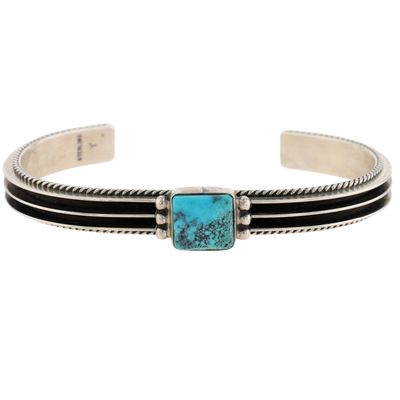 Signed Navajo Sterling Turquoise Rail Cuff Bracelet