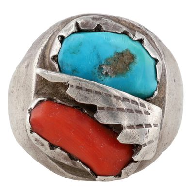Vintage Navajo Sterling Turquoise Coral Ring Sz 10.5