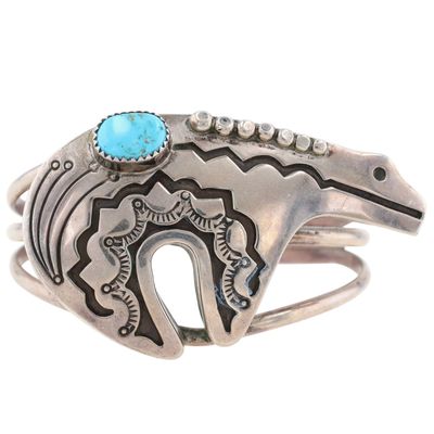Award Winner Jerry Roan Navajo Sterling Turquoise Stamped Bear Cuff Bracelet