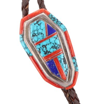 Signed Navajo Sterling Multi-Stone Inlay Bolo Tie