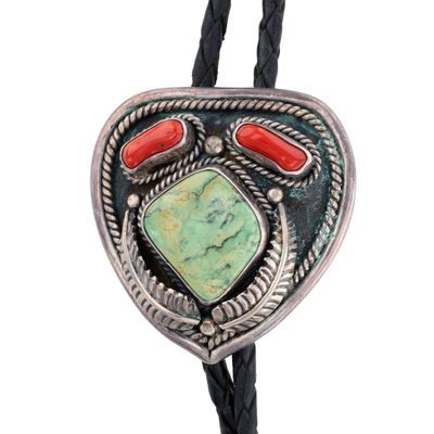 Signed Navajo Sterling Turquoise Coral Bolo Tie