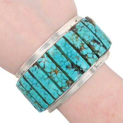 Richardson's Trading Post: Signed Navajo Sterling Turquoise Row Cuff Bracelet