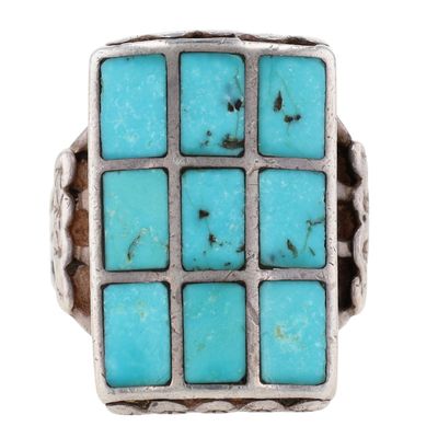 Vintage Zuni Sterling Turquoise Inlay Ring Sz 10.5