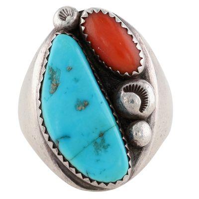 Navajo Sterling Turquoise Coral Ring Sz 10