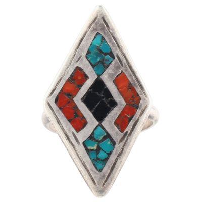 Vintage Navajo Sterling Turquoise Coral Chip Inlay Ring Sz 7