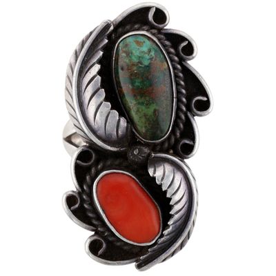 Vintage Navajo Sterling Turquoise Coral Ring Sz 8