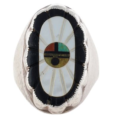 Vintage Zuni Sterling Multi-Stone Inlay Carved Sunface Ring Sz 11.5