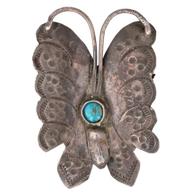Vintage Navajo Sterling Turquoise Stamped Butterfly Brooch