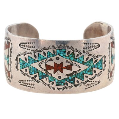 Hyson Craig Navajo Sterling Turquoise Coral Chip Inlay Cuff Bracelet