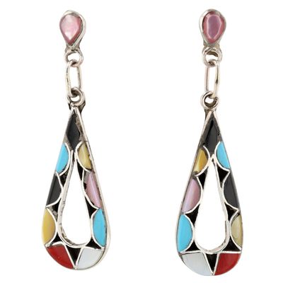 Emma Bowekaty Zuni Sterling Multi-Stone Inlay Earrings