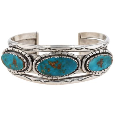 Vintage Navajo Sterling Turquoise Stamped Cuff Bracelet