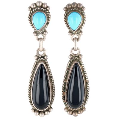 Signed Navajo Sterling Turquoise Onyx Dangle Earrings