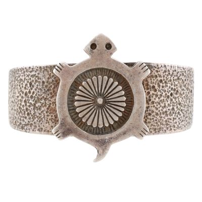 Signed Navajo Sterling Tufa Cast Turtle Cuff Bracelet