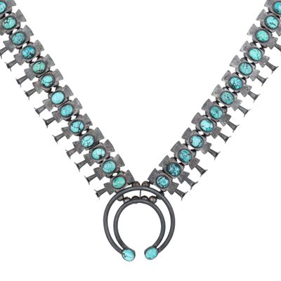 Lenora Garcia Navajo Sterling Turquoise Box Bow Squash Blossom Necklace