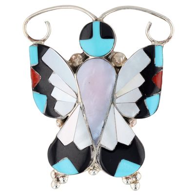 Allison Dishta Zuni Sterling Multi-Stone Inlay Butterfly Pendant/Brooch