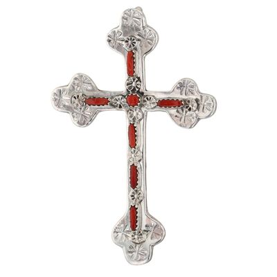Murray Hannaweeka Zuni Sterling Coral Cross Pendant