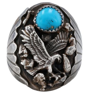Navajo Sterling Turquoise Eagle Ring Sz 12