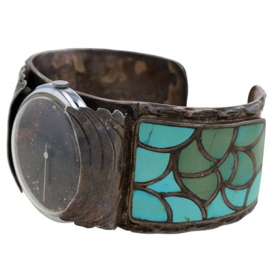 Tony Ohmsatte Zuni Sterling Turquoise Fish Scale Inlay Watch Cuff Bracelet