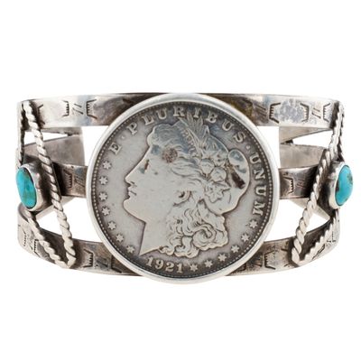 Vintage Navajo Sterling Turquoise 1921 Morgan Dollar Coin Cuff Bracelet