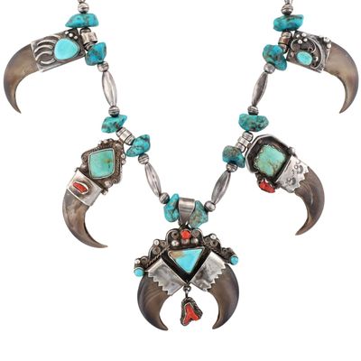 Vintage Navajo Sterling Turquoise Coral Claw Necklace