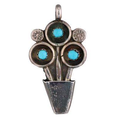 Vintage Zuni Sterling Turquoise Flower Pot Pendant