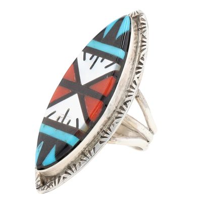 Leslie & Gladys Lamy Zuni Sterling Multi-Stone Inlay Ring Sz 6