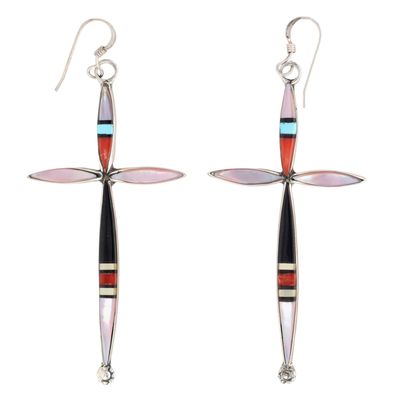 Lydia Bowekaty Zuni Sterling Multi-Stone Inlay Cross Earrings