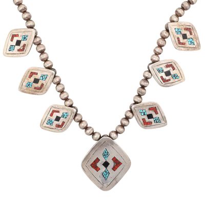 Vintage Navajo Sterling Turquoise Coral Chip Inlay Station Necklace
