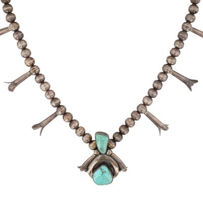 Vintage Navajo Sterling Turquoise Squash Blossom Necklace