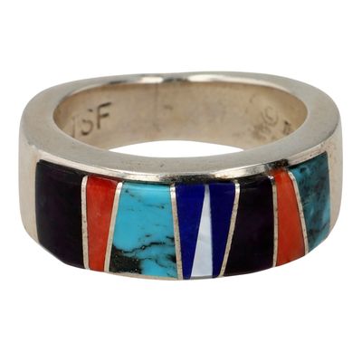 Aldora Powell Navajo Sterling Multi-Stone Inlay Ring Sz 6