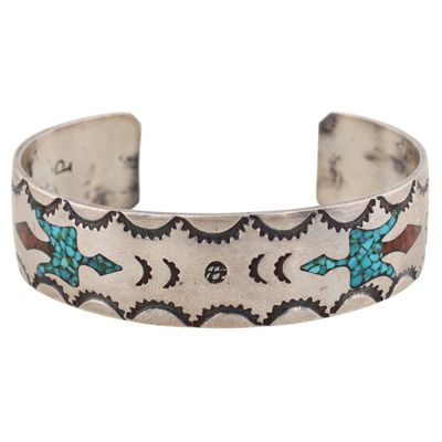 Jimmie Patterson Navajo Sterling Turquoise Coral Chip Inlay Cuff Bracelet