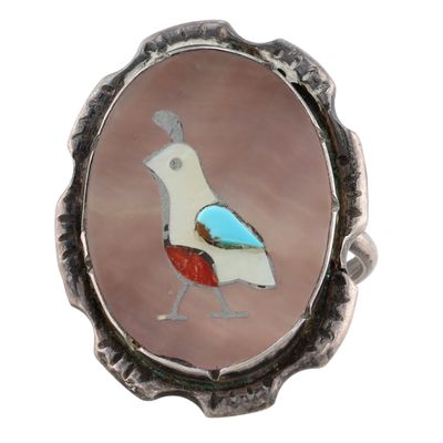 Vintage Zuni Sterling Multi-Stone Inlay Quail Ring Sz 5.5