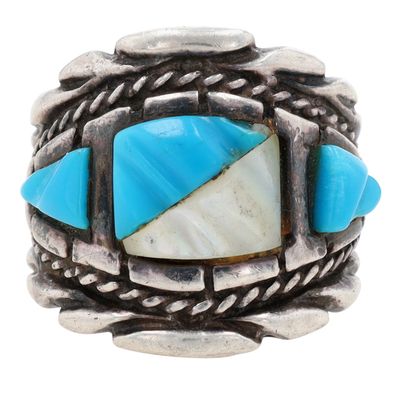 Vintage Navajo Sterling Turquoise Mother of Pearl Carved Ring Sz 10.5