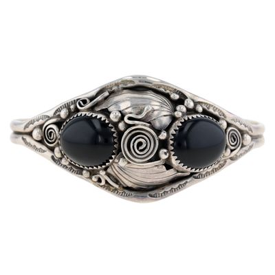 Signed Navajo Sterling Onyx Cuff Bracelet