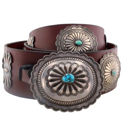 Navajo Sterling Turquoise Concho Dark Star Leather Belt