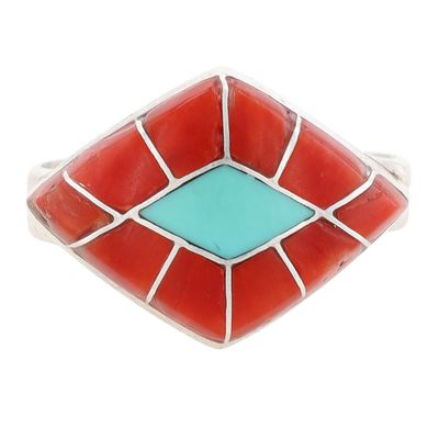 Connie Epaloose Zuni Sterling Coral Turquoise Inlay Ring Sz 8