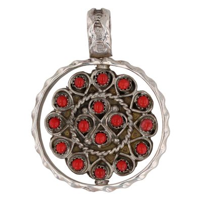 Vintage Zuni Sterling Turquoise Coral Spinner Pendant